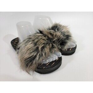 Say The Sun‎ Women's 7/8 Faux Fur Fuzzy Slip Slide On Flip Flop Sandals EUC